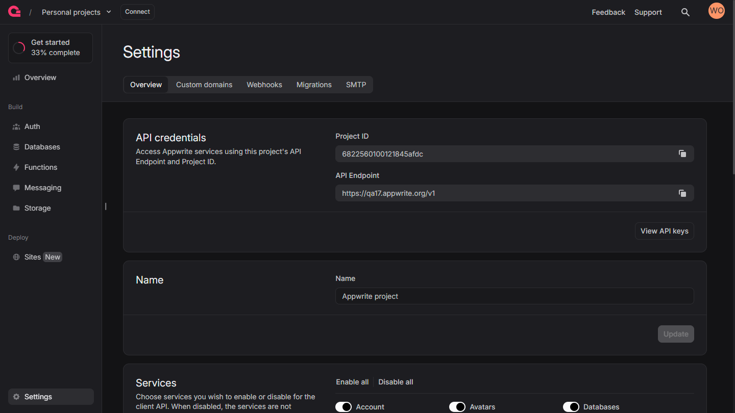 Project settings screen